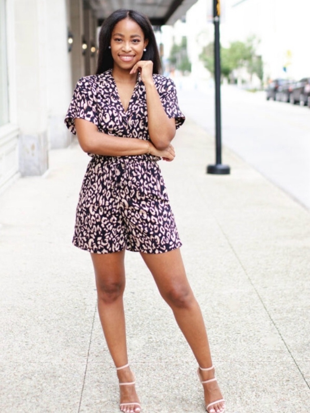 H&M Leopard Print Button Romper in Black & Tan